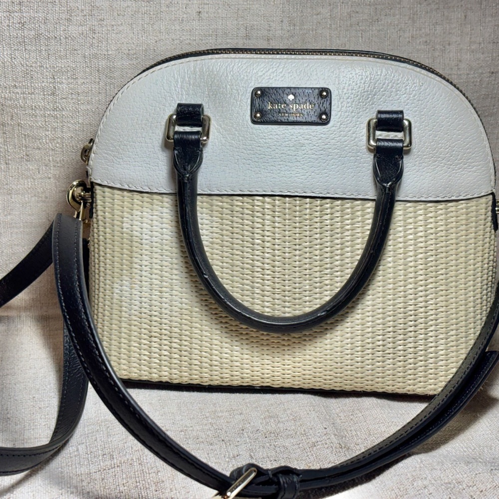 kate spade Cream and Black Woven Dome Satchel with Black Trim